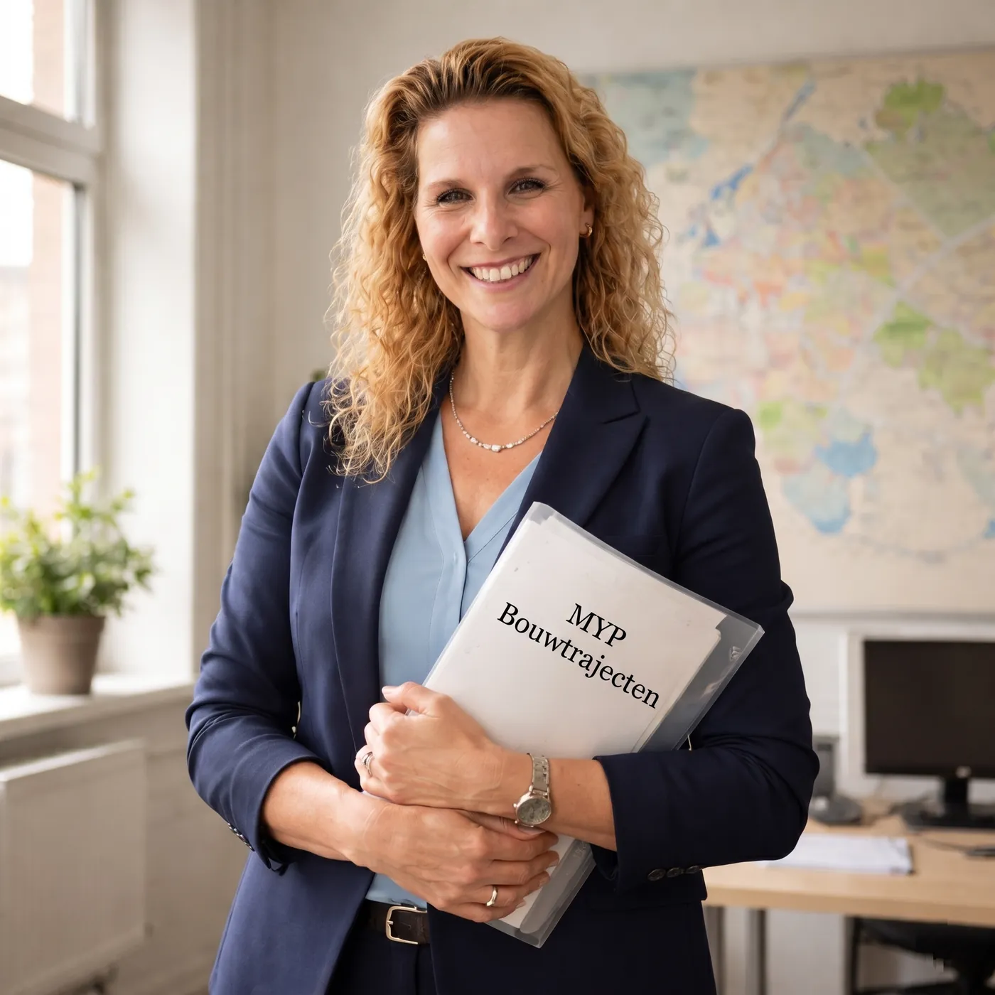 Angela Gijzel, onafhankelijk bouwadviseur, met vergunningsdocumenten op kantoor