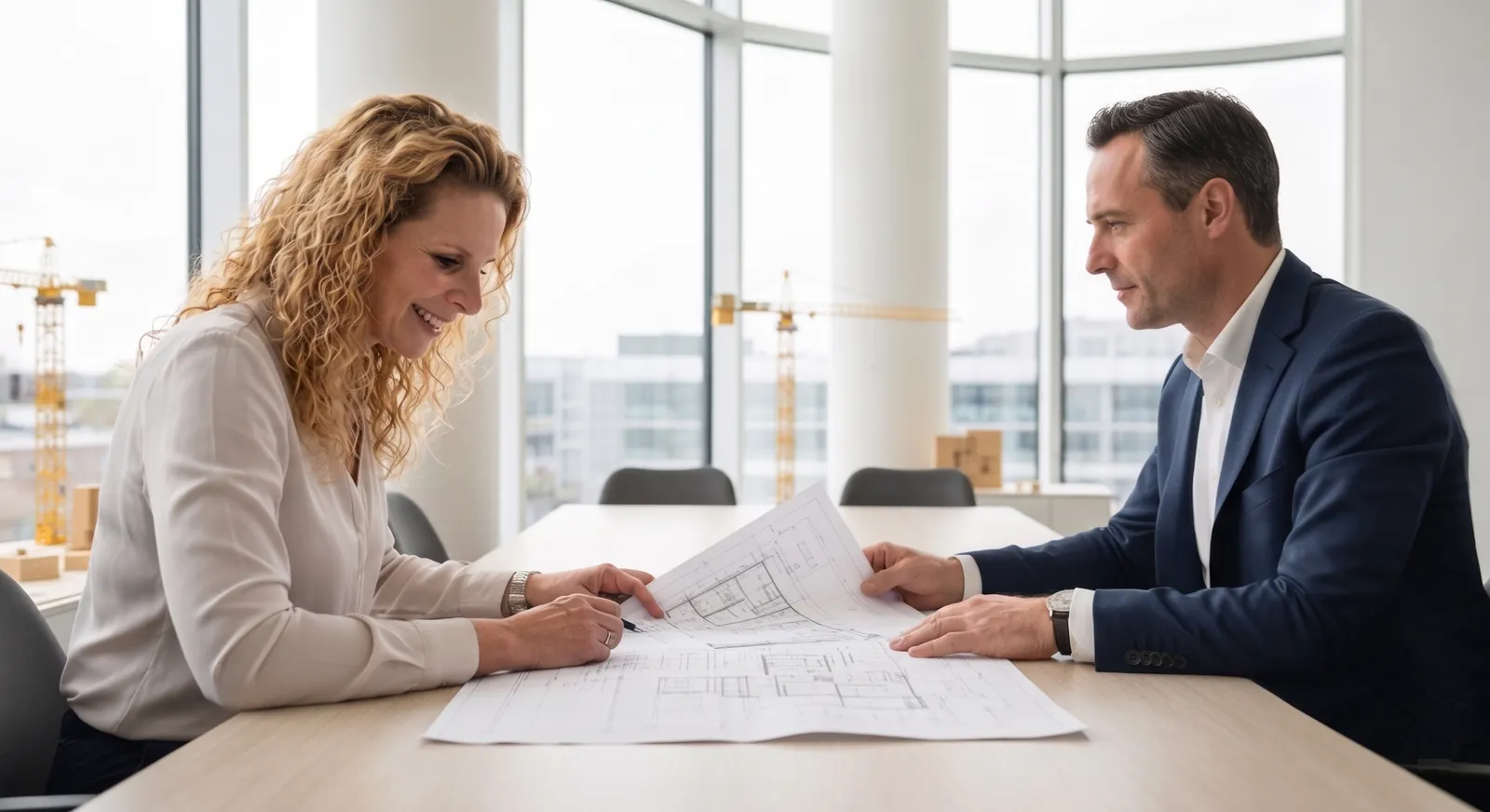 Onafhankelijk bouwadviseur in overleg met een gemeenteambtenaar over bouwtekeningen — bouwbegeleiding bij een vastgelopen bouwtraject